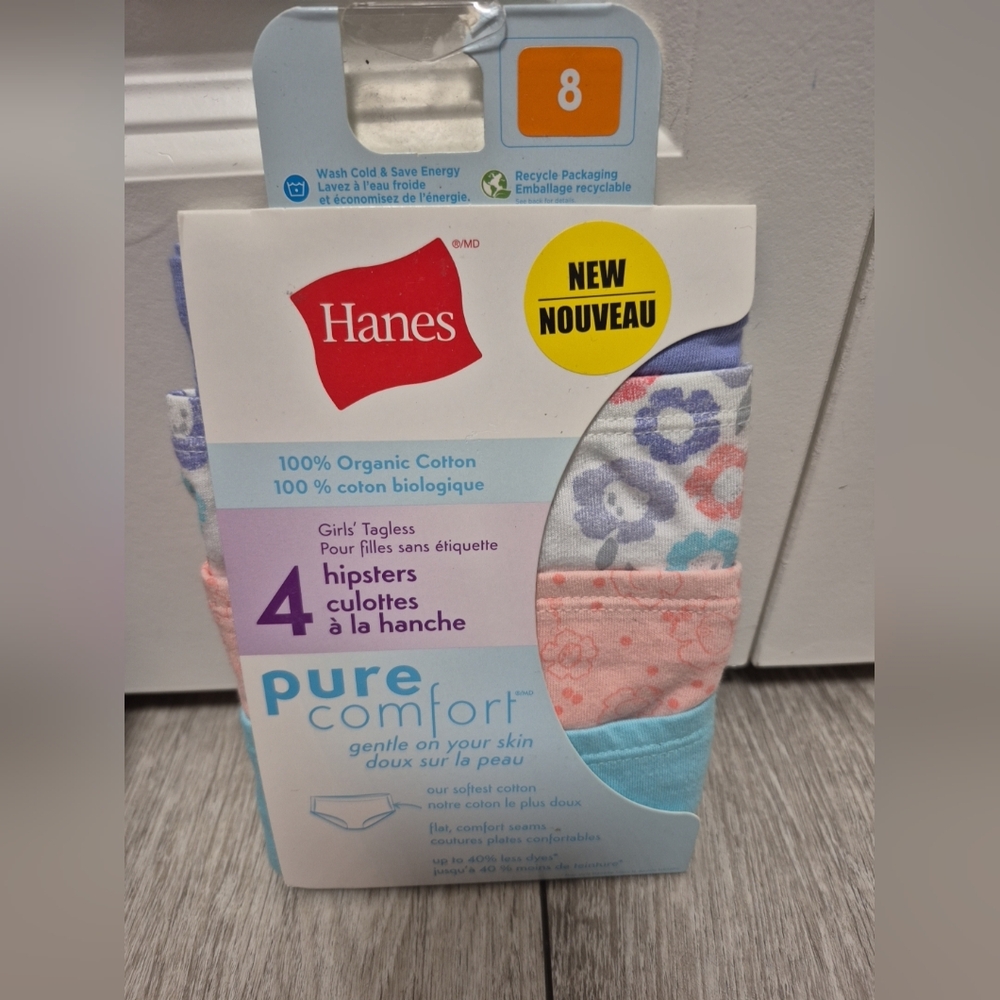4 Pairs Of Hanes Pure Comfort Girls' 100% Organic Cotton Hipsters Underwear. Sz8